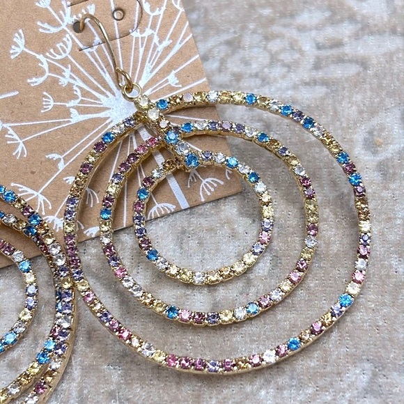 Brand New Pastel Rainbow Multicolored Triple Circle Rhinestone Drop Earrings - Picture 7 of 16